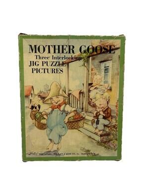 Vintage 1941 Platt & Munk Mother Goose 3 Interlocking Jig Puzzles Lot w/ Box SEE